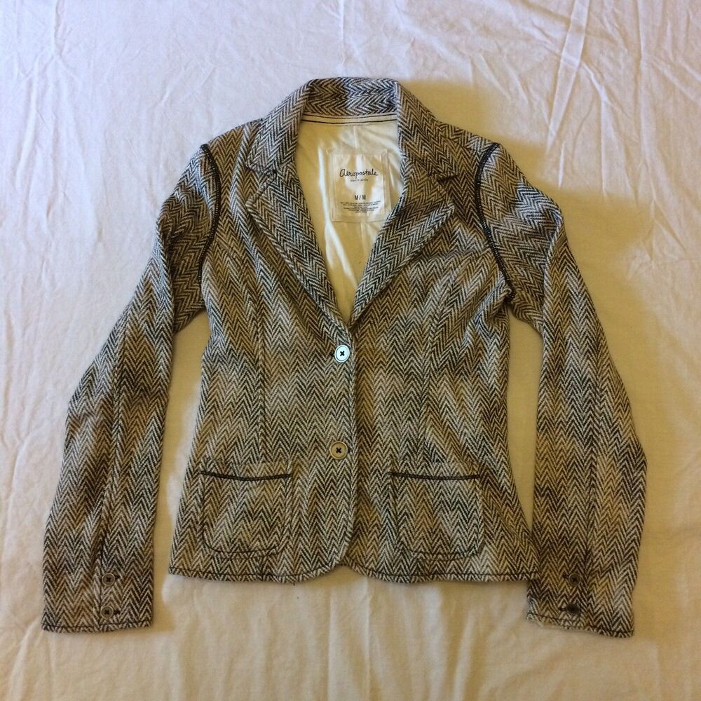 Aeropostale Jacket Blazer Medium Top Cotton Blend Chevron Black Gray White